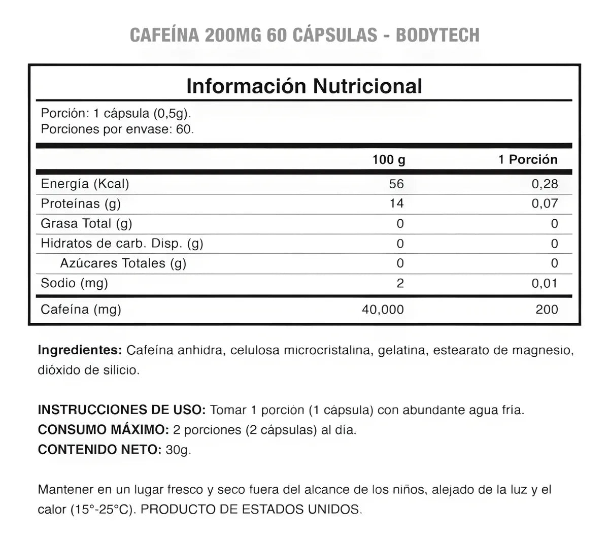 Cafeina 200mg 60 Caps - Bodytech Sabor Sin Sabor
