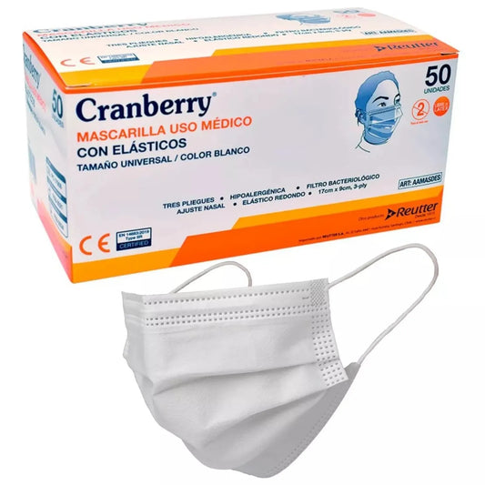 Mascarilla 3 Pliegues Con Elásticos Caja 50 Un Color Blanco Cranberry