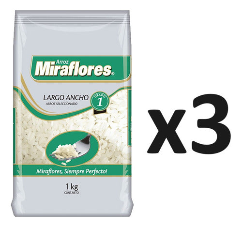 Pack X3 Arroz Largo Ancho Miraflores 1kg - Lireke